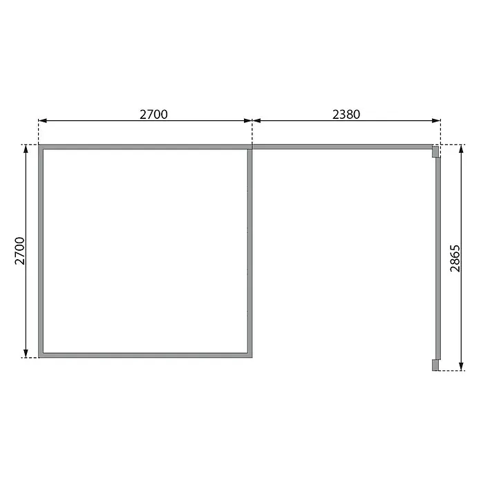 Karibu Gartenhaus Pluto 7 B - Außenmaß inkl. Dachüberstand (B x T): 390 x 273 cm, Holz, Terragrau/Weiß - L-förmiger Grundriss mit Hauptmaßen: 2700x2700 und 2380x2865.