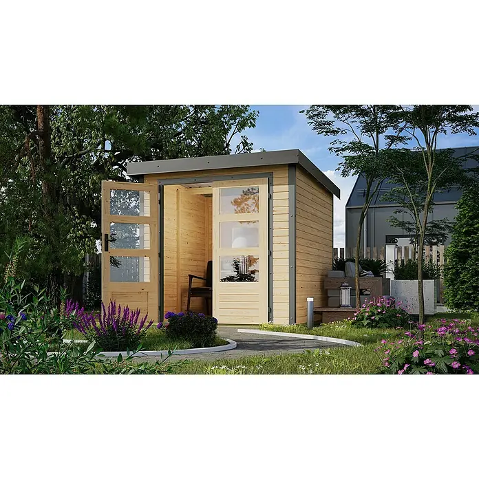 Karibu Gartenhaus Jupiter 2 A - Außenmaß inkl. Dachüberstand (B x T): 228,5 x 235 cm, Holz, Naturbelassen - Modernes Gartenhaus mit Holzwänden und Glastüren, umgeben von üppigem Grün. Der ideale Rückzugsort im Freien.