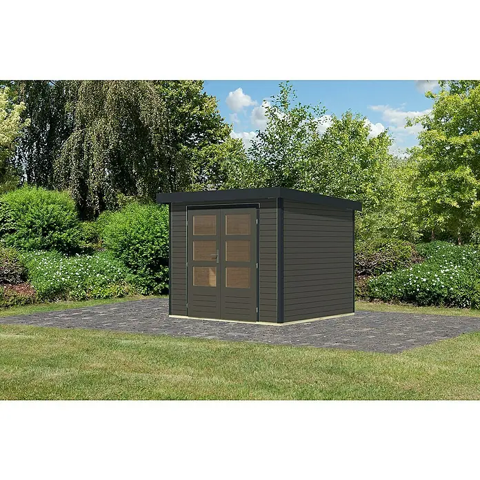 Karibu Gartenhaus Jupiter 3 B - Außenmaß inkl. Dachüberstand (B x T): 266 x 236,5 cm, Holz, Terragrau/Anthrazit - Ein modernes Gartenhaus mit Doppeltür und einem flachen Dach, umgeben von Grün. Ideal für die Aufbewahrung im Freien.
