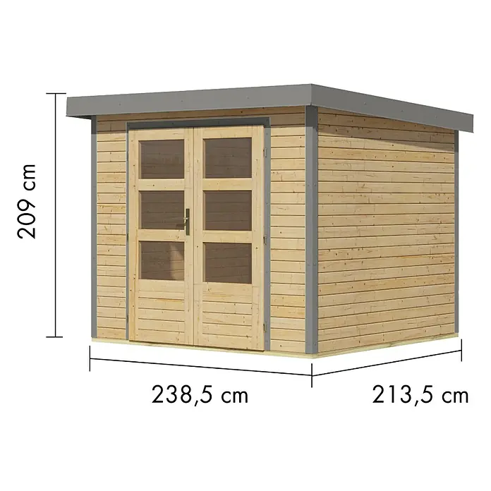 Karibu Gartenhaus Jupiter 3 A - Außenmaß inkl. Dachüberstand (B x T): 266 x 236,5 cm, Holz, Naturbelassen/Grau - Gartenhaus aus hellem Holz mit verglasten Doppeltüren, grauem Flachdach.