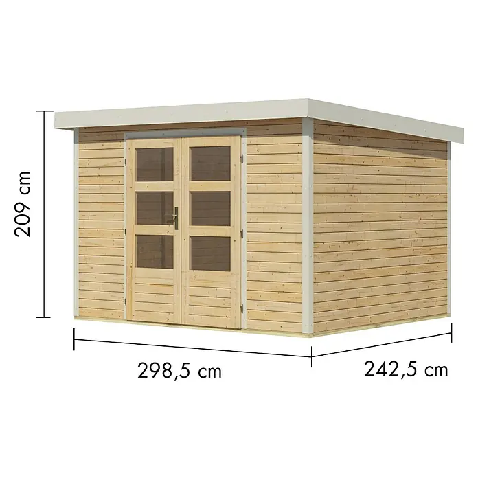 Karibu Gartenhaus Jupiter 5 A - Außenmaß inkl. Dachüberstand (B x T): 320,5 x 266,5 cm, Holz, Naturbelassen/Weiß - Helles Gartenhaus aus Holz mit Doppeltür und Flachdach, Maße 209 cm (H) x 298,5 cm (B) x 242,5 cm (T).