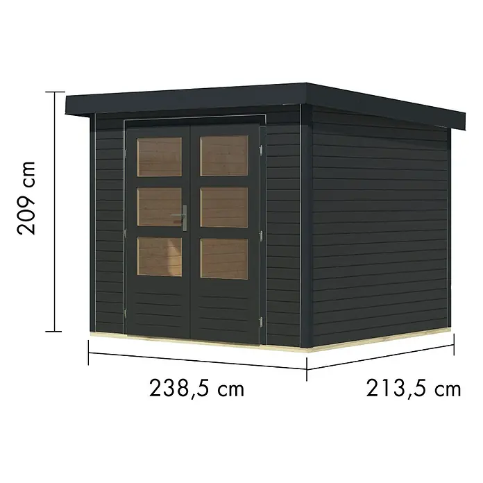 Karibu Gartenhaus Jupiter 3 C - Außenmaß inkl. Dachüberstand (B x T): 266 x 236,5 cm, Holz, Anthrazit - Dunkelgraues Gartenhaus mit Doppeltür, Verglasung und horizontaler Verkleidung, Maße angegeben.