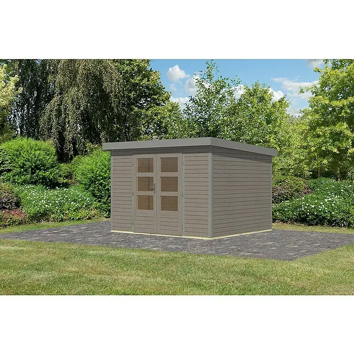 Karibu Gartenhaus Jupiter 5 D - Außenmaß inkl. Dachüberstand (B x T): 320,5 x 266,5 cm, Holz, Wassergrau/Grau - Modernes Gartenhaus mit Doppeltür aus Holz im Außenbereich. Das Gartenhaus bietet Stauraum und ist optisch ansprechend.