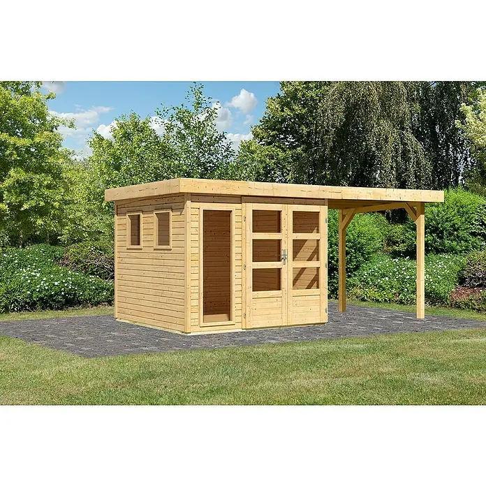 Karibu Gartenhaus Lahar - Außenmaß inkl. Dachüberstand (B x T): 491 x 262 cm, Holz, Naturbelassen, Mit Seitendach - Eine moderne, unbehandelte Holzgartenhütte mit einem überdachten Anbau, ideal für jeden Garten.