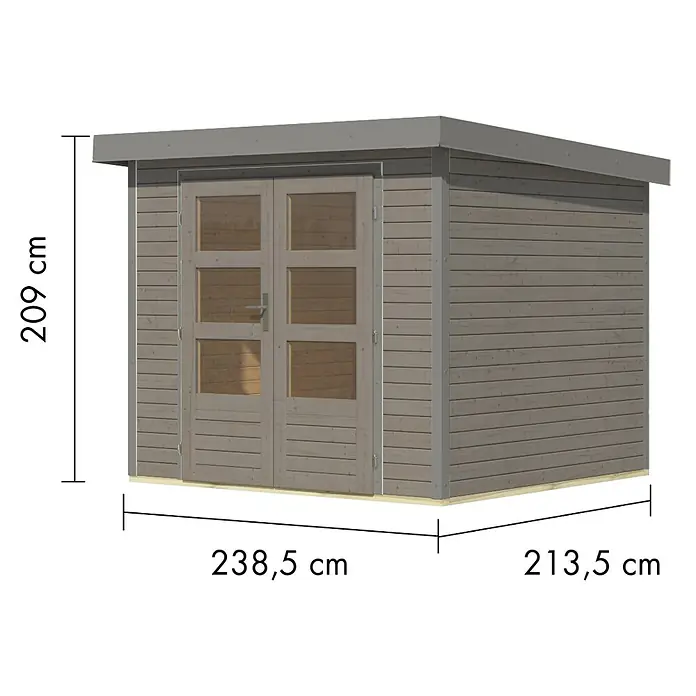 Karibu Gartenhaus Jupiter 3 D - Außenmaß inkl. Dachüberstand (B x T): 266 x 236,5 cm, Holz, Wassergrau/Grau - Gartenhaus aus Holz mit Doppeltür, Fenstern und flachem grauem Dach. Maße: 238,5 cm (B) x 213,5 cm (T) x 209 cm (H).