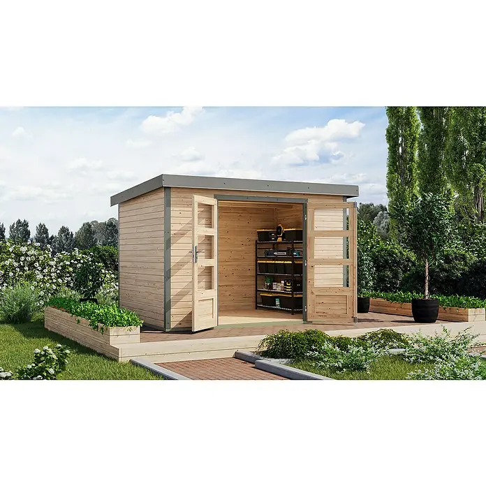 Karibu Gartenhaus Jupiter 4 A - Außenmaß inkl. Dachüberstand (B x T): 322 x 236,5 cm, Holz, Naturbelassen/Grau - Gartenschuppen mit Doppeltüren und Regalen zur Aufbewahrung von Gartengeräten und Werkzeugen im Freien.