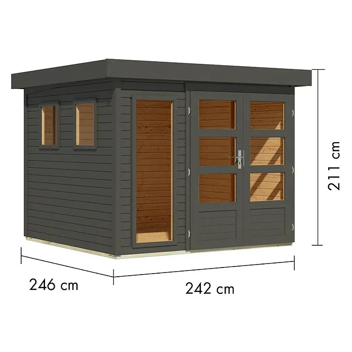 Karibu Gartenhaus Lahar - Außenmaß inkl. Dachüberstand (B x T): 266 x 262 cm, Holz, Terragrau, Ohne Seitendach - Dunkelgraues Gartenhaus mit Flachdach, Glastüren, Fenstern und sichtbarem Holzinterieur. Maße: 211 cm H, 242 cm B, 246 cm T.