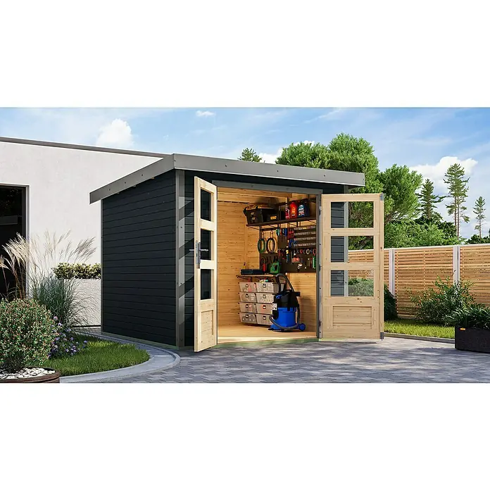 Karibu Gartenhaus Jupiter 3,5 C - Außenmaß inkl. Dachüberstand (B x T): 266 x 266,5 cm, Holz, Anthrazit/Grau - Geräumiges Gartenhaus mit Doppeltür und praktischem Stauraum für Werkzeuge und Gartengeräte, ideal für jeden Garten.