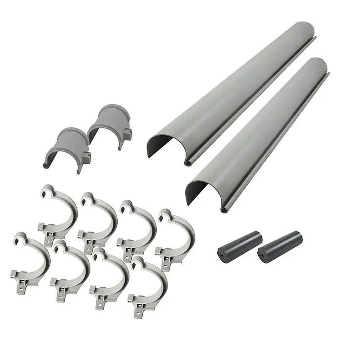 Karibu Dachrinnen-Set - Passend für: Karibu Gartenhäuser mit Flach-/Pultdächer bis 265 cm Breite - Ein Set von grauen Dachrinnenkomponenten, inklusive Rinnen, Verbindungsstücken und Halterungen.