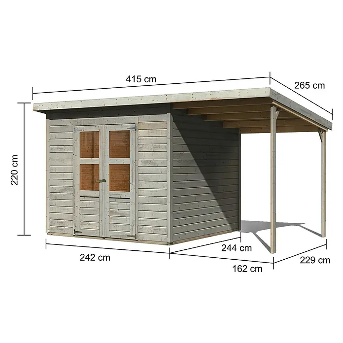 Karibu Gartenhaus Merseburg 6 - Außenmaß inkl. Dachüberstand (B x T): 415 x 265 cm, Holz, Vorvergraut, Mit Seitendach - Heller Holzgeräteschuppen mit integriertem offenem Carport, detailliert mit Maßen.