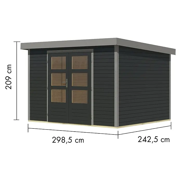 Karibu Gartenhaus Jupiter 5 C - Außenmaß inkl. Dachüberstand (B x T): 320,5 x 266,5 cm, Holz, Anthrazit/Grau - Dunkelgraues modernes Gartenhaus mit Doppeltür, flachem grauen Dach und Holzsockel. Maße: 298,5x242,5x209 cm.