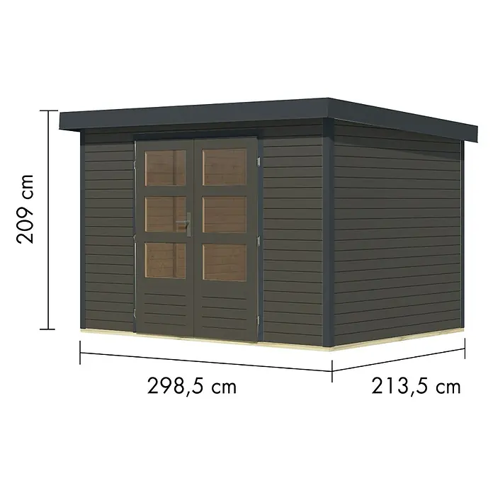 Karibu Gartenhaus Jupiter 4 B - Außenmaß inkl. Dachüberstand (B x T): 322 x 236,5 cm, Holz, Terragrau/Anthrazit - Dunkelgraues Gartenhaus mit Doppeltür und Flachdach. Maße: H 209 cm, B 298,5 cm, T 213,5 cm.