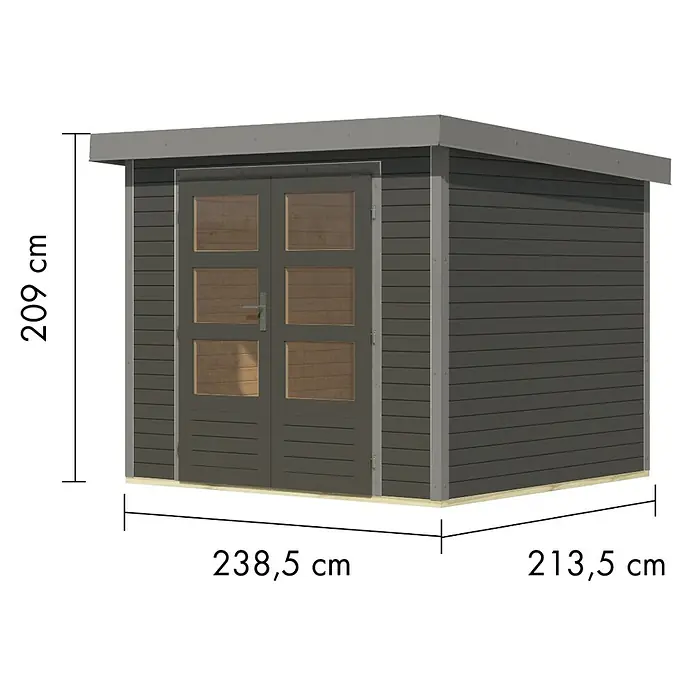 Karibu Gartenhaus Jupiter 3 B - Außenmaß inkl. Dachüberstand (B x T): 266 x 236,5 cm, Holz, Terragrau/Grau - Dunkelgrauer Geräteschuppen mit doppelt verglasten Türen und Flachdach, Maße: Höhe 209 cm, Breite 238,5 cm, Tiefe 213,5 cm.