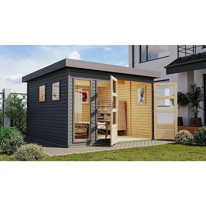 Karibu Gartenhaus Lahar 6 - Außenmaß inkl. Dachüberstand (B x T): 334 x 331 cm, Holz, Terragrau, Ohne Seitendach - Das graue Gartenhaus mit Flachdach und Doppeltür bietet viel Platz. Das Innere des Hauses ist mit Holz verkleidet. Vor dem Haus befindet sich ein gepflasterter Bereich.