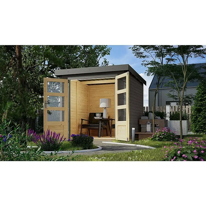 Karibu Gartenhaus Jupiter 2 B - Außenmaß inkl. Dachüberstand (B x T): 228,5 x 235 cm, Holz, Terragrau - Diese moderne Gartenoase bietet einen Holzschuppen mit offenstehenden Glastüren, ideal für eine entspannende Auszeit im Grünen.