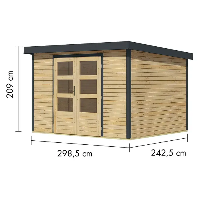 Karibu Gartenhaus Jupiter 5 A - Außenmaß inkl. Dachüberstand (B x T): 320,5 x 266,5 cm, Holz, Naturbelassen/Anthrazit - Holzgerätehaus mit Doppeltür und Flachdach. Maße: H 209 cm, B 298,5 cm, T 242,5 cm.
