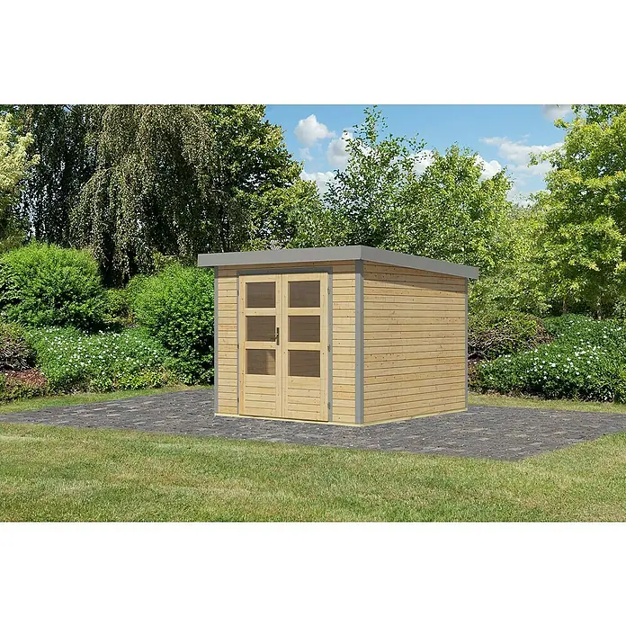 Karibu Gartenhaus Jupiter 3,5 A - Außenmaß inkl. Dachüberstand (B x T): 266 x 266,5 cm, Holz, Naturbelassen/Grau - Abbildung eines modernen Holzgartenhauses mit Doppeltür und Flachdach, eingebettet in eine grüne Gartenlandschaft.