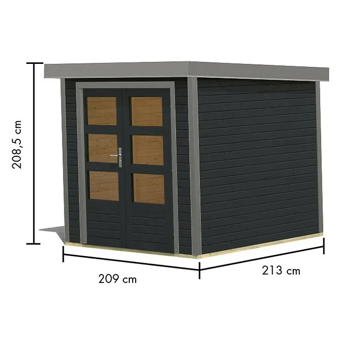 Karibu Gartenhaus Jupiter 2 C - Außenmaß inkl. Dachüberstand (B x T): 228,5 x 235 cm, Holz, Anthrazit/Grau - Dunkelgraues Holzgartenhaus mit hellgrauem Dach und Zierleisten, Doppeltüren mit Holzpaneelen. Maße: H 208,5 cm, B 209 cm, T 213 cm.