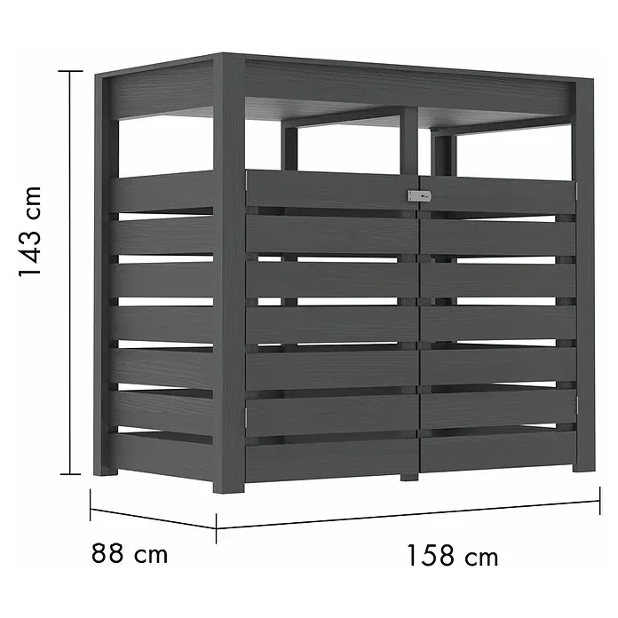 Karibu Mülltonnenverkleidung 2er - Holz, Terragrau - Dunkelgraue Outdoor-Aufbewahrungsbox aus Holz mit Lamellendesign und zwei Türen, 143x158x88 cm (HxBxT).