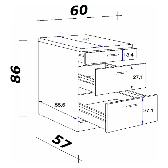 Flex-Well Valero Unterschrank mit Auszug - 60 x 60 x 86 cm, Weiß - Technische Zeichnung einer Kommode mit drei Schubladen und Maßen.