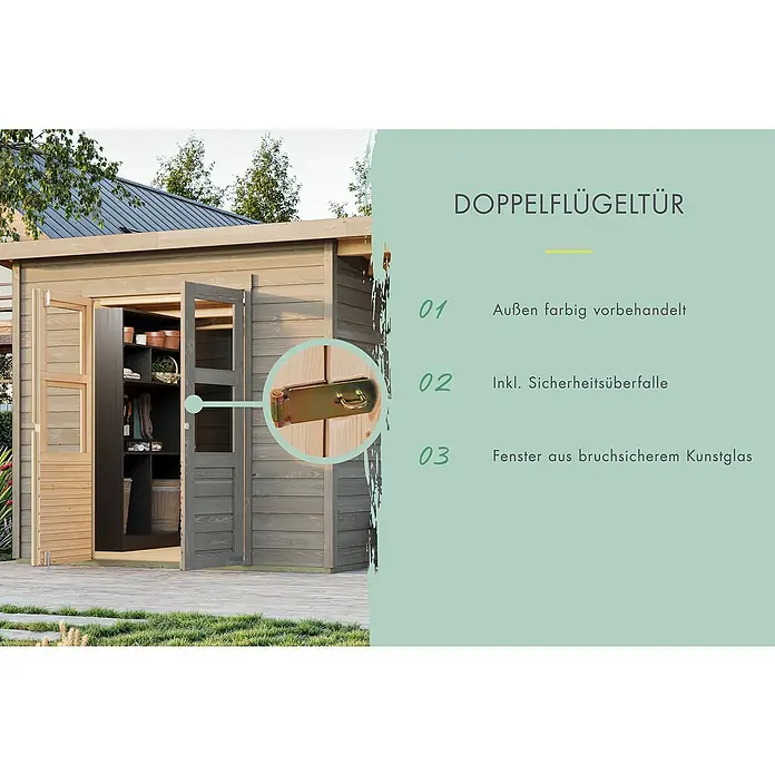 Karibu Gartenhaus - Außenmaß inkl. Dachüberstand (B x T): 240 x 175 cm, Holz, Vorvergraut, Ohne Seitendach - Doppelflügeltür mit Sicherheitsüberfalle für erhöhten Schutz. Außen farbig vorbehandelt und Fenster aus bruchsicherem Kunstglas.
