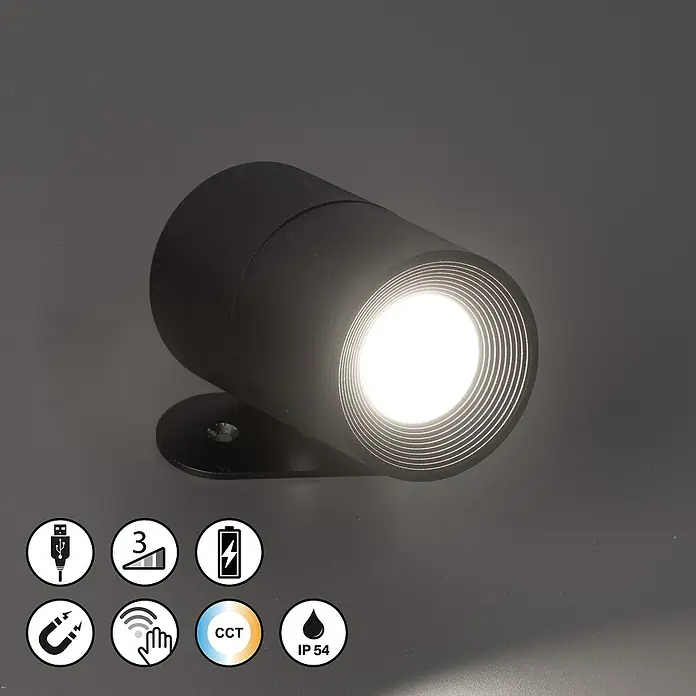 FHL easy Magnetic Akku-Wandleuchte - 9,5 x 5,5 x 5,5 cm, Sandschwarz, 1,5 W, IP54, Warmweiß - Schwarze LED-Wandleuchte mit warmweissem Licht, ideal für den Aussenbereich. Kompakt und modern mit verschiedenen Funktionen wie USB und Dimmbarkeit.