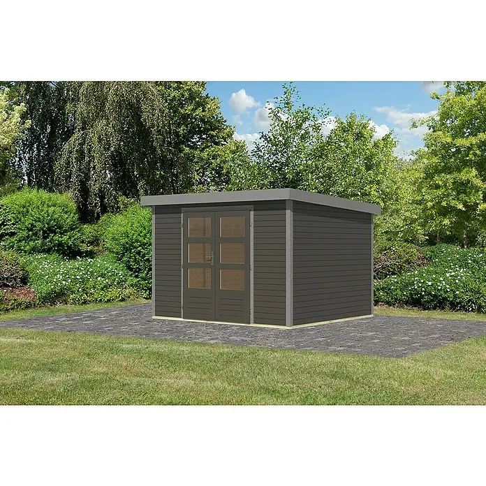 Karibu Gartenhaus Jupiter 5 B - Außenmaß inkl. Dachüberstand (B x T): 320,5 x 266,5 cm, Holz, Terragrau/Grau - Moderne Gartenlaube in Grau mit Doppeltüren und Flachdach, eingebettet in eine grüne Gartenlandschaft.
