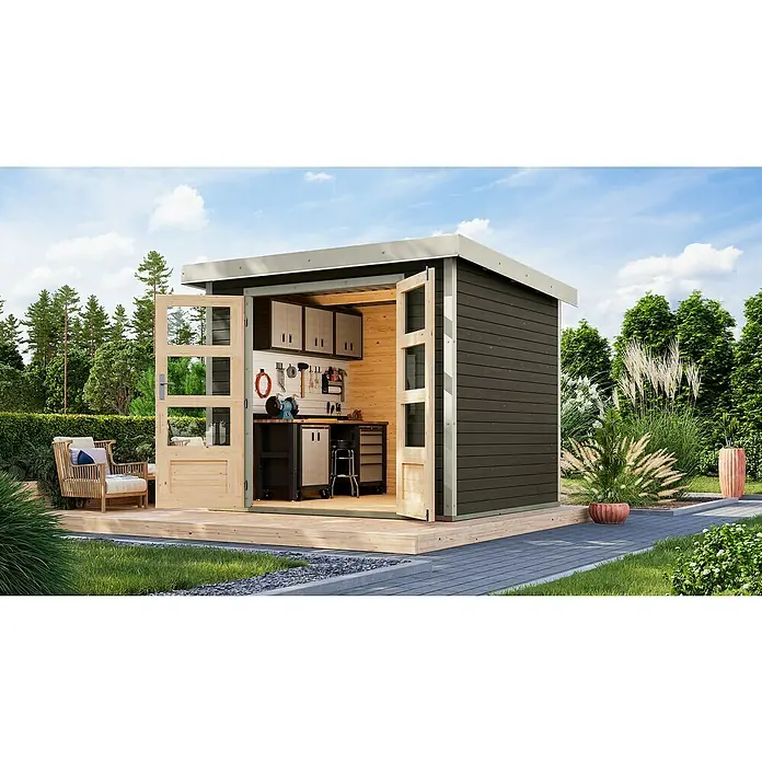 Karibu Gartenhaus Jupiter 3 B - Außenmaß inkl. Dachüberstand (B x T): 266 x 236,5 cm, Holz, Terragrau/Weiß - Geräumiges Gartenhaus mit geöffneten Doppeltüren und Werkbank. Die grüne Fassade fügt sich nahtlos in die Gartenumgebung ein.