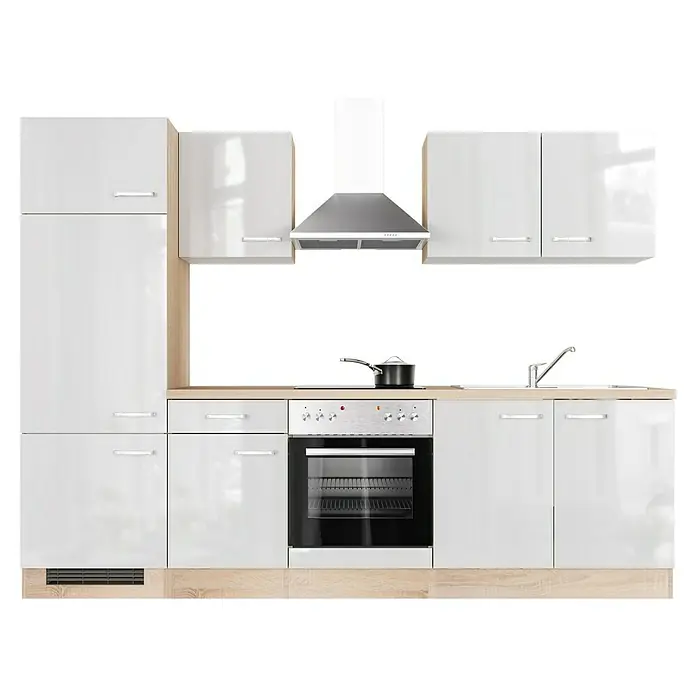 Flex-Well Valero Küchenzeile Typ 2 - Breite: 270 cm, Weiß, Mit Elektrogeräten - Moderne Küche mit weißen Schränken, Dunstabzugshaube und integriertem Ofen. Minimalistisches Design für ein stilvolles Ambiente.