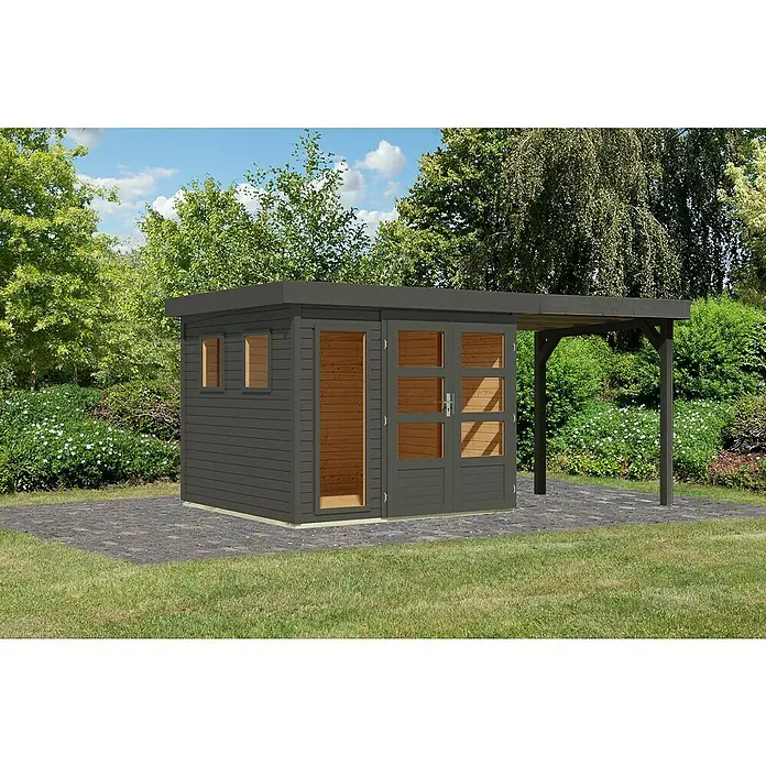 Karibu Gartenhaus Lahar - Außenmaß inkl. Dachüberstand (B x T): 491 x 262 cm, Holz, Terragrau, Mit Seitendach - Ein modernes Gartenhaus mit Flachdach und überdachtem Bereich. Das Haus bietet vielseitigen Nutzen im Garten und überzeugt mit Design.