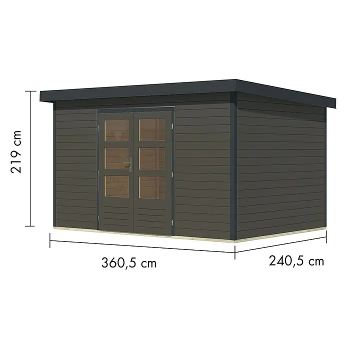 Karibu Gartenhaus Pluto 7 B - Außenmaß inkl. Dachüberstand (B x T): 390 x 273 cm, Holz, Terragrau/Anthrazit - Dunkelgraues Gartenhaus mit doppelten Glastüren und Flachdach. Maße: 219 cm H, 360,5 cm B, 240,5 cm T.