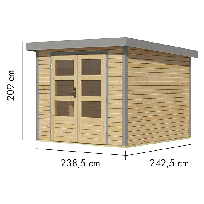 Karibu Gartenhaus Jupiter 3,5 A - Außenmaß inkl. Dachüberstand (B x T): 266 x 266,5 cm, Holz, Naturbelassen/Grau - Helles Gartenhaus aus Holz mit Doppeltür, Fenstern und grauem Flachdach. Maße sind angegeben.