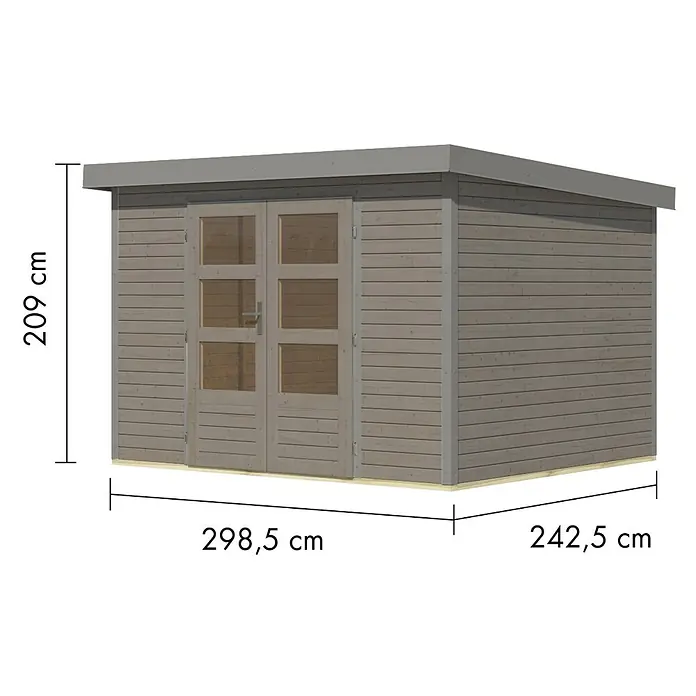 Karibu Gartenhaus Jupiter 5 D - Außenmaß inkl. Dachüberstand (B x T): 320,5 x 266,5 cm, Holz, Wassergrau/Grau - Graubrauner Holzgartenhaus mit Doppeltür, Verglasung und flachem grauen Dach.