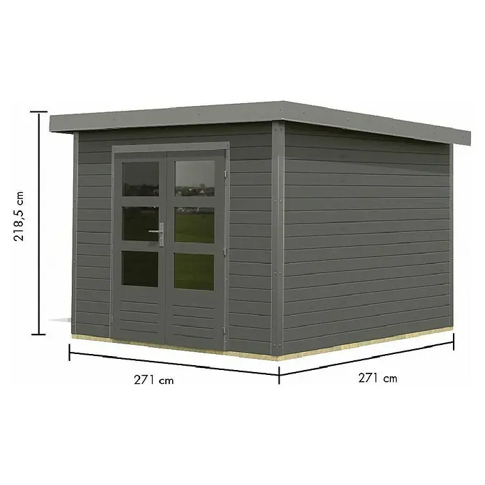 Karibu Gartenhaus Pluto 6 B - Außenmaß inkl. Dachüberstand (B x T): 309 x 292,4 cm, Holz, Terragrau/Grau - Geräumiges, dunkelgraues Holz-Gartenhaus mit Flachdach und Doppeltür mit Glas.