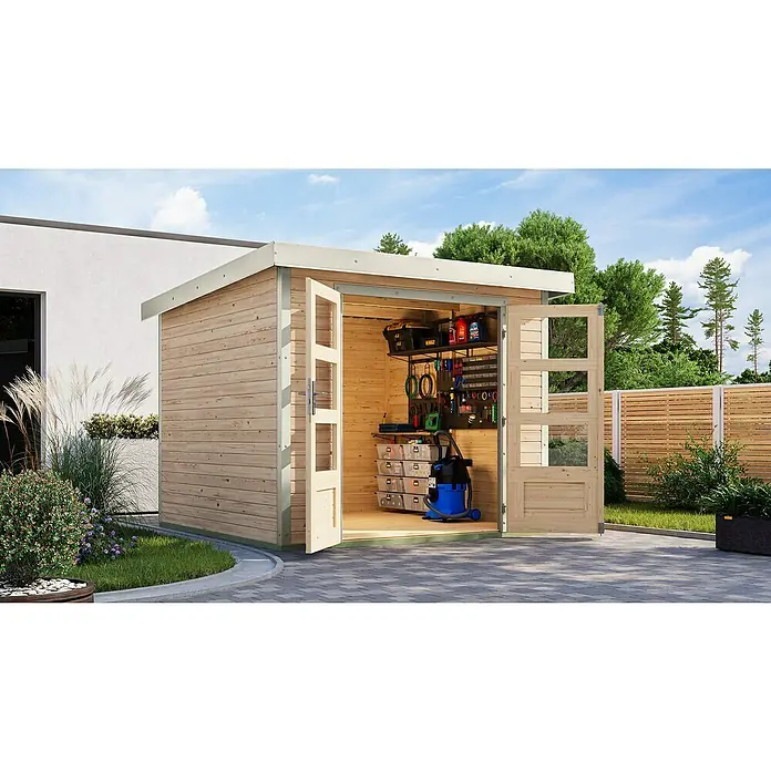 Karibu Gartenhaus Jupiter 3,5 A - Außenmaß inkl. Dachüberstand (B x T): 266 x 266,5 cm, Holz, Naturbelassen/Weiß - Ein helles Holzgartenhaus mit geöffneten Doppeltüren, das einen Einblick in die ordentliche Aufbewahrung von Werkzeugen und Geräten bietet.