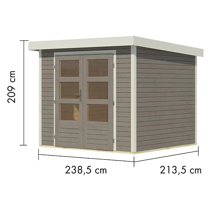 Karibu Gartenhaus Jupiter 3 D - Außenmaß inkl. Dachüberstand (B x T): 266 x 236,5 cm, Holz, Wassergrau/Weiß - Grau-braunes Holzgerätehaus mit Doppeltür und angezeigten Maßen.