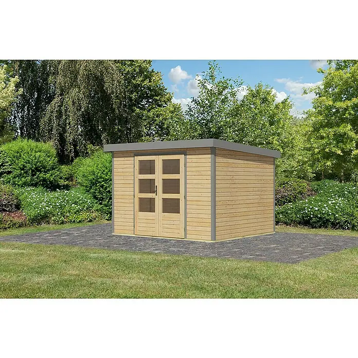 Karibu Gartenhaus Jupiter 5 A - Außenmaß inkl. Dachüberstand (B x T): 320,5 x 266,5 cm, Holz, Naturbelassen/Grau - Holzschuppen mit Doppeltür und grauem Dach, ideal für die Gartenaufbewahrung und Werkzeuglagerung im Außenbereich.