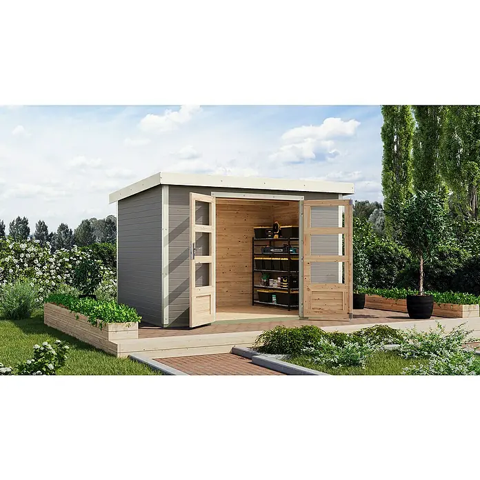 Karibu Gartenhaus Jupiter 4 D - Außenmaß inkl. Dachüberstand (B x T): 322 x 236,5 cm, Holz, Wassergrau/Weiß - Abbildung eines Holzgartenhauses mit Doppeltüren, die einen Blick auf eine Werkzeugablage im Inneren ermöglichen. Das Gartenhaus wird von viel Grün umgeben.
