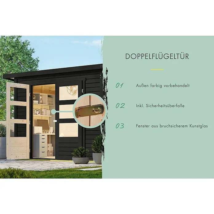 Karibu Gartenhaus Stockach 4 - Außenmaß inkl. Dachüberstand (B x T): 282 x 282 cm, Holz, Schwarz - Das Bild zeigt eine Doppel Flügeltür mit drei Details hervorgehoben: Vorbehandlung, Sicherheitsüberfalle und bruchsicheres Kunstglas.