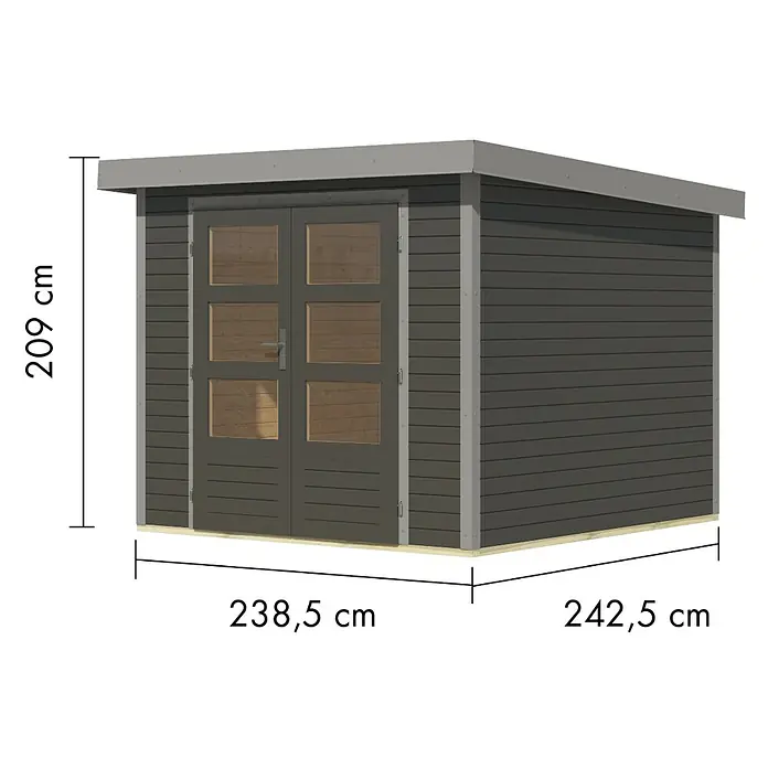 Karibu Gartenhaus Jupiter 3,5 B - Außenmaß inkl. Dachüberstand (B x T): 266 x 266,5 cm, Holz, Terragrau/Grau - Dunkelgraues Gartenhaus mit Doppeltür, Flachdach und Maßen von 209x238,5x242,5 cm.