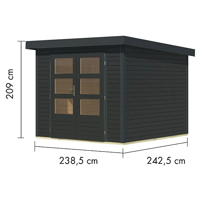 Karibu Gartenhaus Jupiter 3,5 C - Außenmaß inkl. Dachüberstand (B x T): 266 x 266,5 cm, Holz, Anthrazit - Dunkelgraues Gartenhaus mit Flachdach und doppelt verglasten Türen. Maße: 209 cm hoch, 238,5 cm breit, 242,5 cm tief.