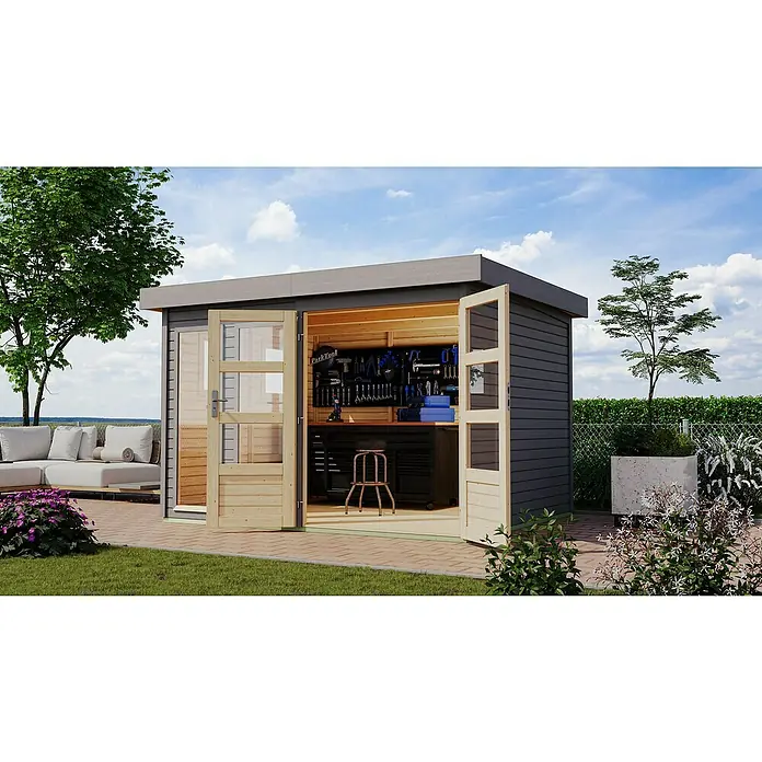 Karibu Gartenhaus Lahar 5 - Außenmaß inkl. Dachüberstand (B x T): 330 x 262 cm, Holz, Terragrau, Ohne Seitendach - Moderne Gartenlaube mit Werkstatteinrichtung und geöffneten Doppeltüren auf einer sonnigen Terrasse.