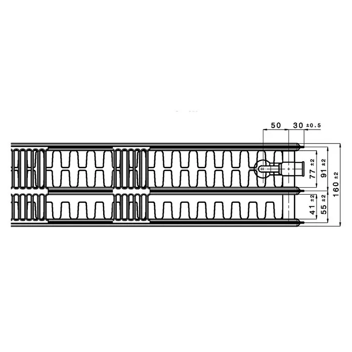 Planheizkörper - B x H: 1.800 x 300 mm, Wärmeleistung bei Vorlauftemperatur von 75 °C (D: 50): 2.232 W, Typ Heizkörper: 33 - Abbildung eines Heizkörpers mit detaillierten Maßangaben, die die Konstruktion und Größe des Produkts hervorheben.