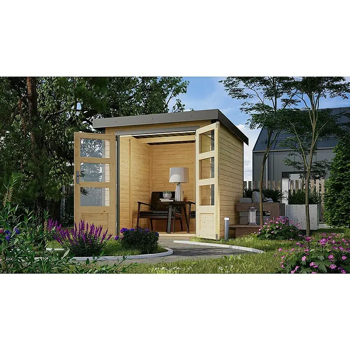 Karibu Gartenhaus Jupiter 2 A - Außenmaß inkl. Dachüberstand (B x T): 228,5 x 235 cm, Holz, Naturbelassen - Einladendes Gartenhaus mit offenen Holztüren, das einen gemütlichen Rückzugsort im Grünen bietet, ideal zum Entspannen.
