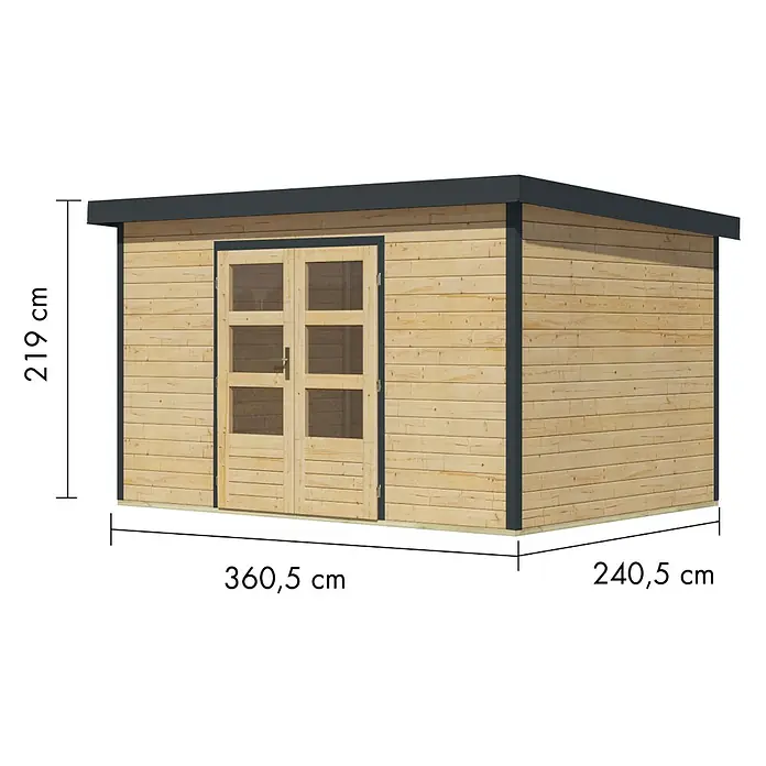 Karibu Gartenhaus Pluto 7 A - Außenmaß inkl. Dachüberstand (B x T): 390 x 273 cm, Holz, Naturbelassen/Anthrazit - Gartenhaus aus Holz mit einem dunkelgrauen Flachdach, Zierleisten und Doppeltüren mit Fenstern.