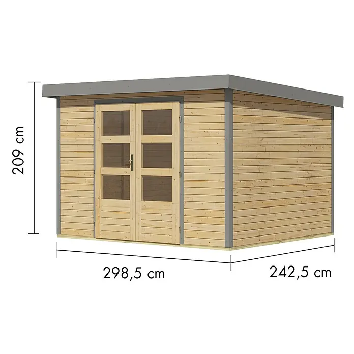 Karibu Gartenhaus Jupiter 5 A - Außenmaß inkl. Dachüberstand (B x T): 320,5 x 266,5 cm, Holz, Naturbelassen/Grau - Gartenhaus aus hellem Holz mit grauem Dach und Rahmen, Doppeltür. Maße: H 209 cm, B 298,5 cm, T 242,5 cm.