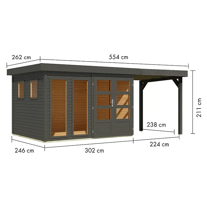 Karibu Gartenhaus - Außenmaß inkl. Dachüberstand (B x T): 554 x 262 cm, Holz, Terragrau, Mit Seitendach - Dunkelgraues Holz-Gartenhaus mit Anbau-Carport. Verfügt über mehrere Türen und Fenster.
