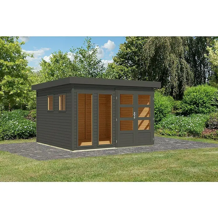 Karibu Gartenhaus Lahar 6 - Außenmaß inkl. Dachüberstand (B x T): 334 x 331 cm, Holz, Terragrau, Ohne Seitendach - Grauer Holzgartenhaus mit Flachdach, Doppeltüren und Fenstern auf gepflastertem Untergrund, umgeben von Grün.