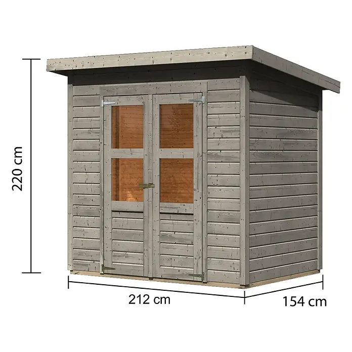 Karibu Gartenhaus - Außenmaß inkl. Dachüberstand (B x T): 240 x 175 cm, Holz, Vorvergraut, Ohne Seitendach - Hellgraues Holz-Gartenhaus mit Doppeltüren und Fenstern, ausgestattet mit Flachdach. Maße 220x212x154 cm.