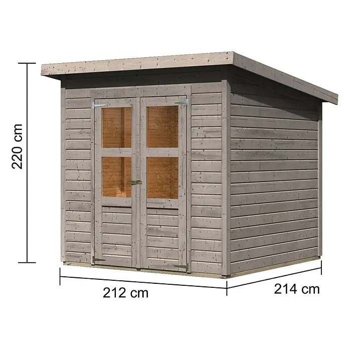 Karibu Gartenhaus Merseburg 4 - Außenmaß inkl. Dachüberstand (B x T): 240 x 236 cm, Holz, Vorvergraut, Ohne Seitendach - Kompaktes, hellgraues Holzgartenhaus mit Doppeltür und Fenstern.